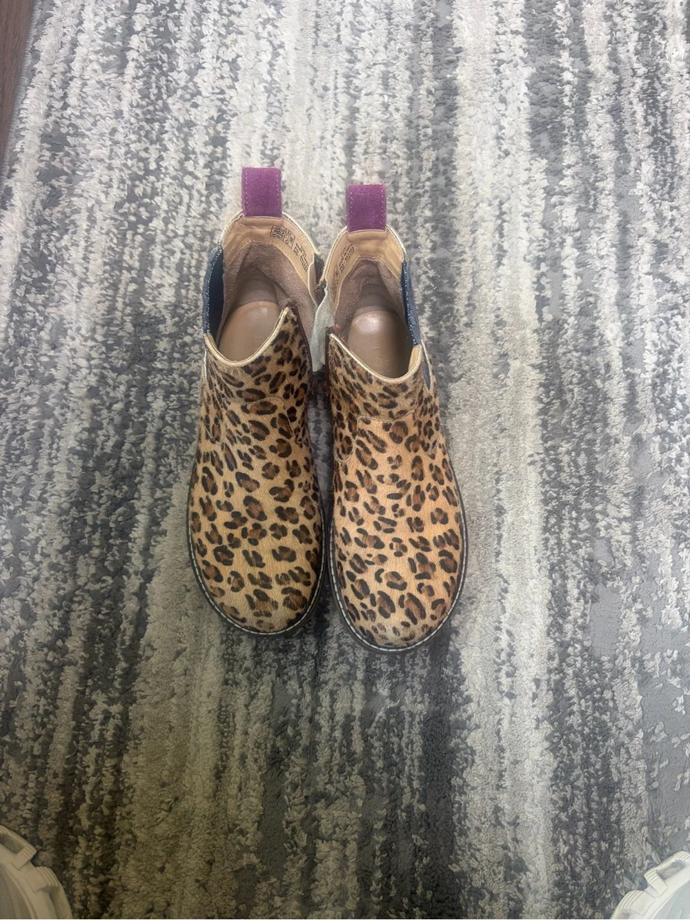 Mini Boden Leopard Print Chelsea Booties with Navy Elastic and Purple Pull Tab